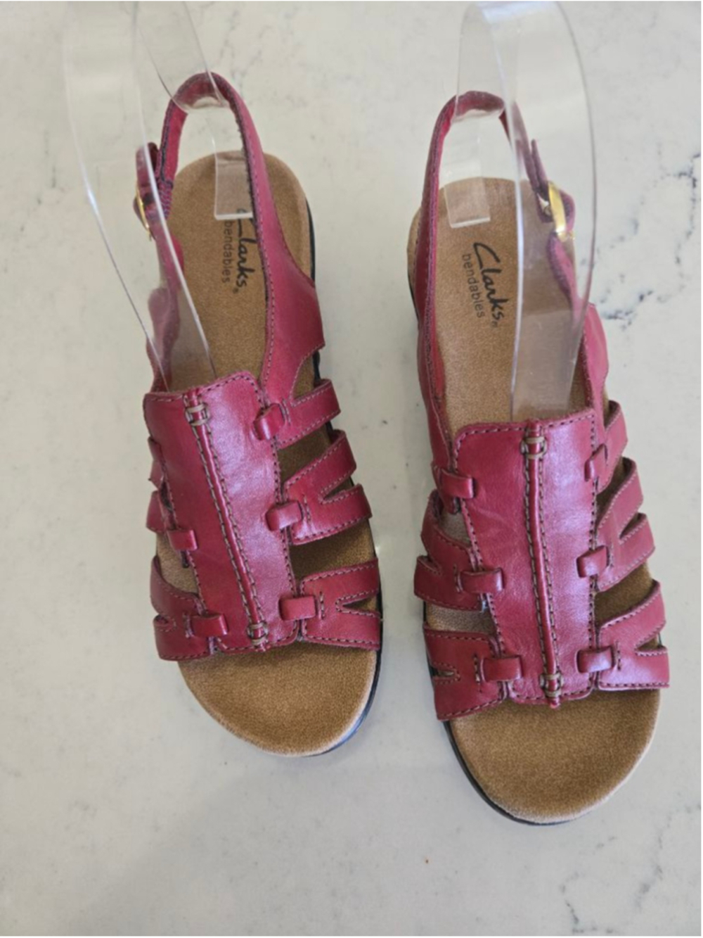 Clarks Red Leather Bendables Lexi Marigold Wedge Sandals Size 6.5 - Picture 2 of 12